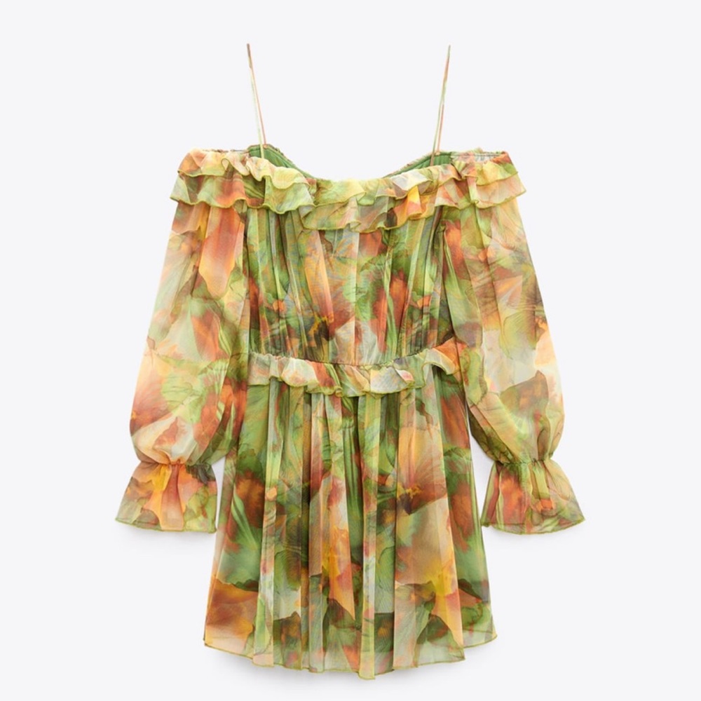 NWT Zara Printed Tulle Dress Green & Yellow